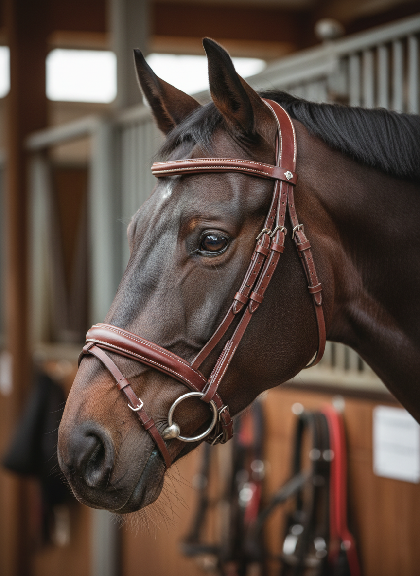 A richly textured close-up of a dark bay sport horse’s head wearing a high-quality brown leather bridle with immaculate stitching and polished silver buckles. The fine hairs around the muzzle and the soft sheen of the coat are rendered in hyper-realistic photographic detail. Behind the horse, a blurred, warm-toned stable interior with wooden stalls and neatly arranged tack creates a professional backdrop. Soft side lighting from an unseen stable window casts gentle highlights along the bridle and contours of the face, creating an intimate, trustworthy mood suitable for a premium equine sales platform.