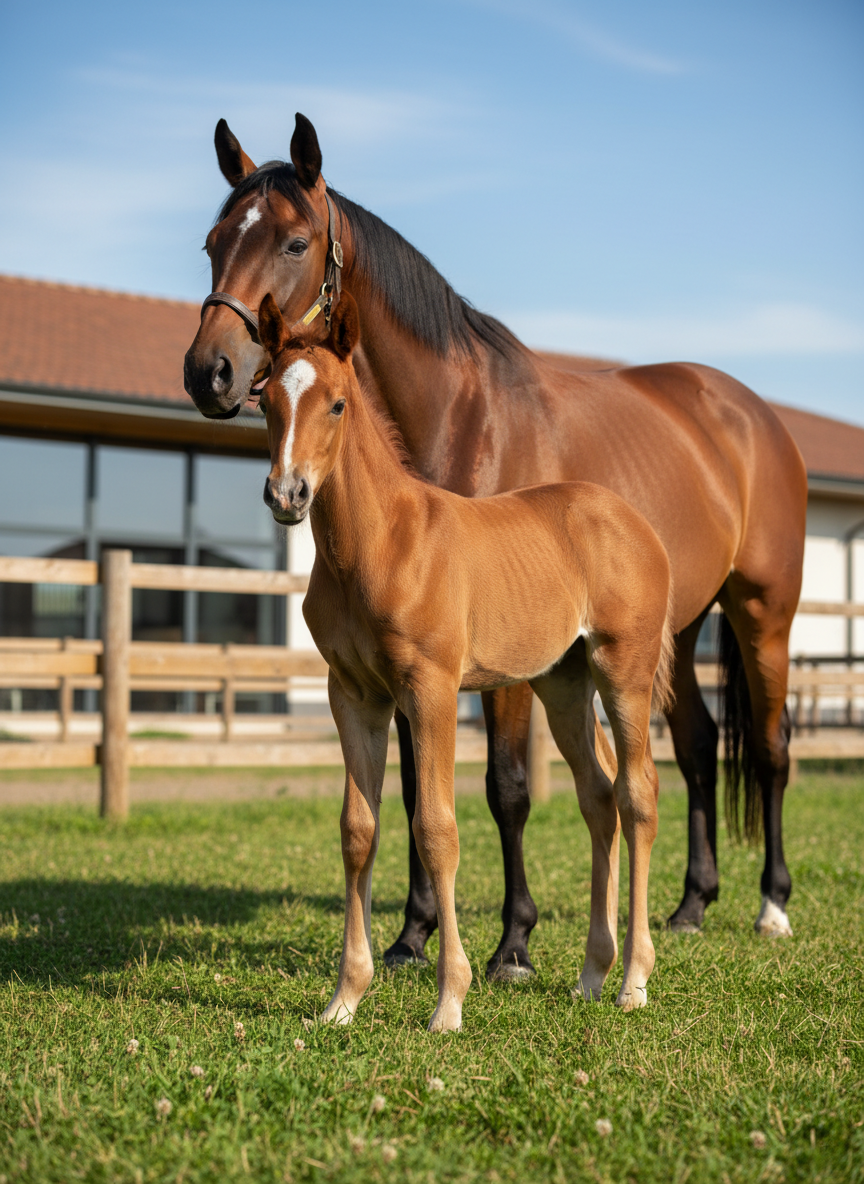 A handsome young sport foal, bright bay with a star on its forehead, stands close to a sturdy broodmare in a sunlit grassy paddock. The foal’s fine, velvety coat and delicate legs are captured in minute detail, with individual hairs and subtle muscles visible. The paddock is enclosed by well-maintained wooden fencing, with a modern stable building softly blurred in the distance. Late-morning natural light falls evenly across the scene, creating a serene, optimistic atmosphere. Photographed at a low angle with shallow depth of field, the image emphasizes future potential and quality breeding for sport horses.