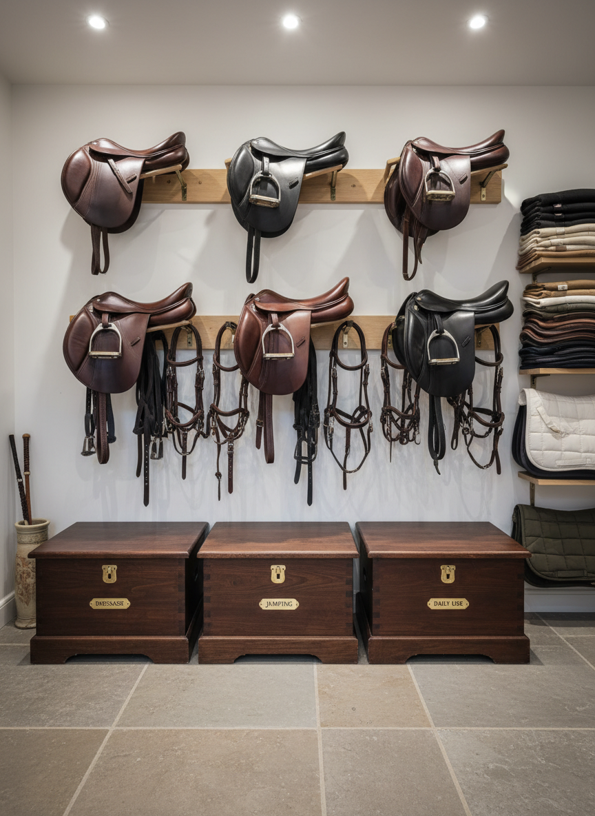 Inside a tidy tack room, a perfectly arranged wall of premium sport horse saddles and bridles hangs on smooth wooden racks. Rich brown and black leather gleams under soft overhead lighting, with metal bits and buckles catching subtle highlights. Below, labeled storage trunks and neatly folded saddle pads in neutral tones contribute to a sense of order and care. The photographic composition is shot straight-on with sharp focus throughout, creating a clean, editorial feel. The mood is organized and trustworthy, reinforcing the professionalism and high standards of a sport horse trading business.
