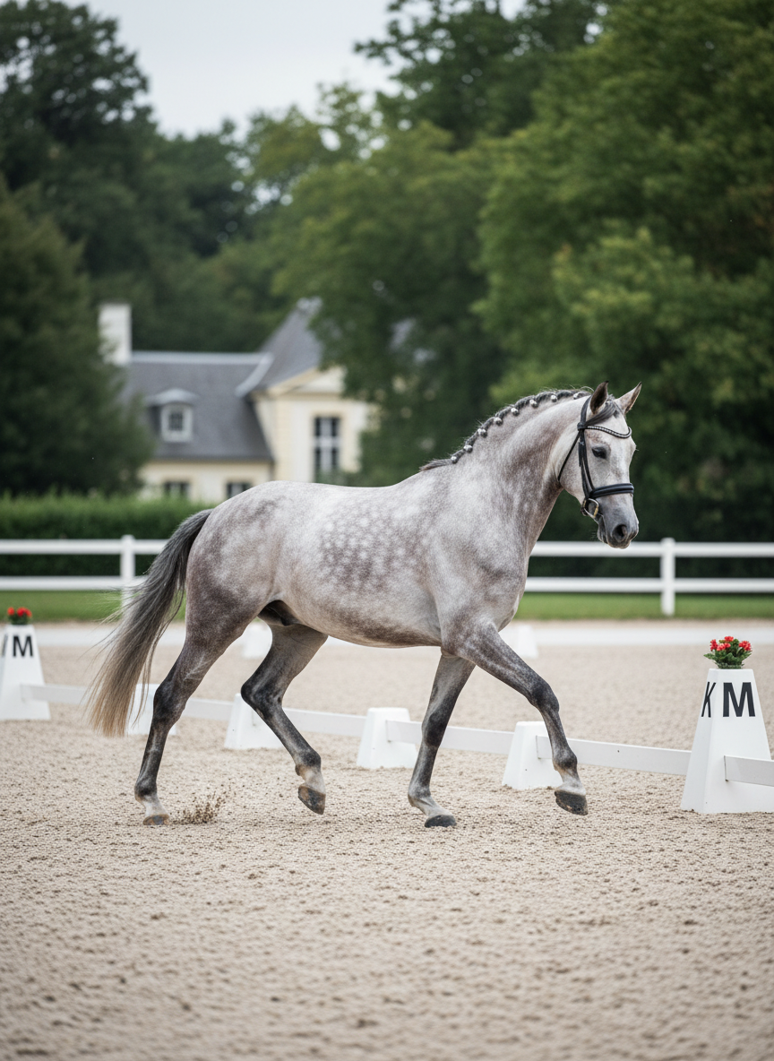 An elegant gray dressage horse in an extended trot, neck arched and mane neatly braided, moves across a pristine dressage arena bordered by white rails and carefully placed letter markers. The sandy surface shows light hoof impressions that subtly trail behind. Overhead, diffused overcast light evenly illuminates every detail of the horse’s musculature and shimmering coat, avoiding harsh shadows. The composition follows the rule of thirds, with the horse moving from left to right, the background softened into a gentle bokeh of trees and low buildings. The photographic style is clean, modern, and professional, conveying precision and sophistication in the sport horse world.