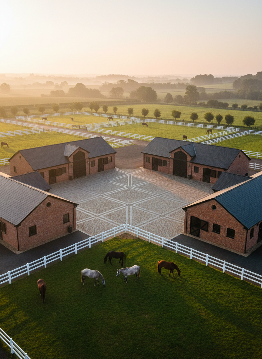 A panoramic view of a modern sport horse stable yard at sunrise, with multiple spacious brick barns arranged around a central paved courtyard. Several well-kept paddocks with lush green grass extend into the distance, separated by clean white fencing. No humans are present, only a few sport horses grazing calmly in the fields. Warm early morning light casts long, soft shadows and a golden glow on the roofs and fence lines. Captured from a slightly elevated angle in sharp photographic realism, the scene feels orderly, prosperous, and inviting, reflecting a professional environment for sport horse commerce.