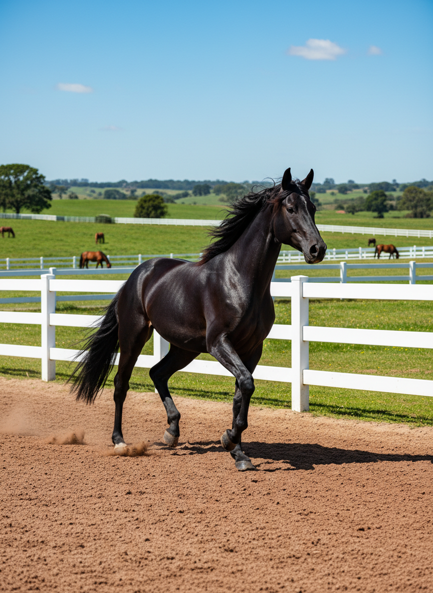 An immaculate black sport horse canters along a track beside a series of green pastures, its mane flowing and muscles flexing with controlled power. The foreground shows the textured surface of the track, while the background reveals rolling fields, white fences, and a few distant horses grazing. Clear, bright daylight enhances the contrast between the horse’s dark coat and the vibrant landscape. Captured in photographic realism from a three-quarter angle, with the horse framed slightly off-center, the composition feels dynamic yet controlled, embodying athleticism and professionalism in the sport horse market.