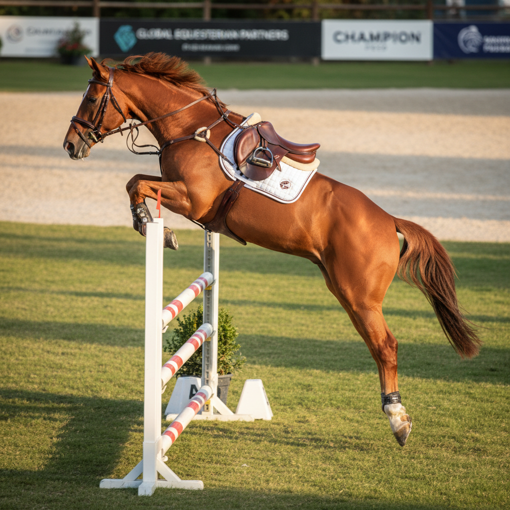 A sleek chestnut jumping horse mid-air over a bright white and red oxer, legs tightly tucked, tail streaming behind. The horse’s athletic muscles and carefully fitted leather tack appear in crisp detail, with polished metal stirrups catching the light. The background shows a modern competition arena with carefully manicured grass, distant sponsor boards softly out of focus. Golden hour sunlight illuminates the scene from the side, creating dynamic highlights and shadows that emphasize motion. Captured with a fast shutter, slightly low angle, and shallow depth of field, the photograph feels energetic and premium, ideal for a professional sport horse marketplace.