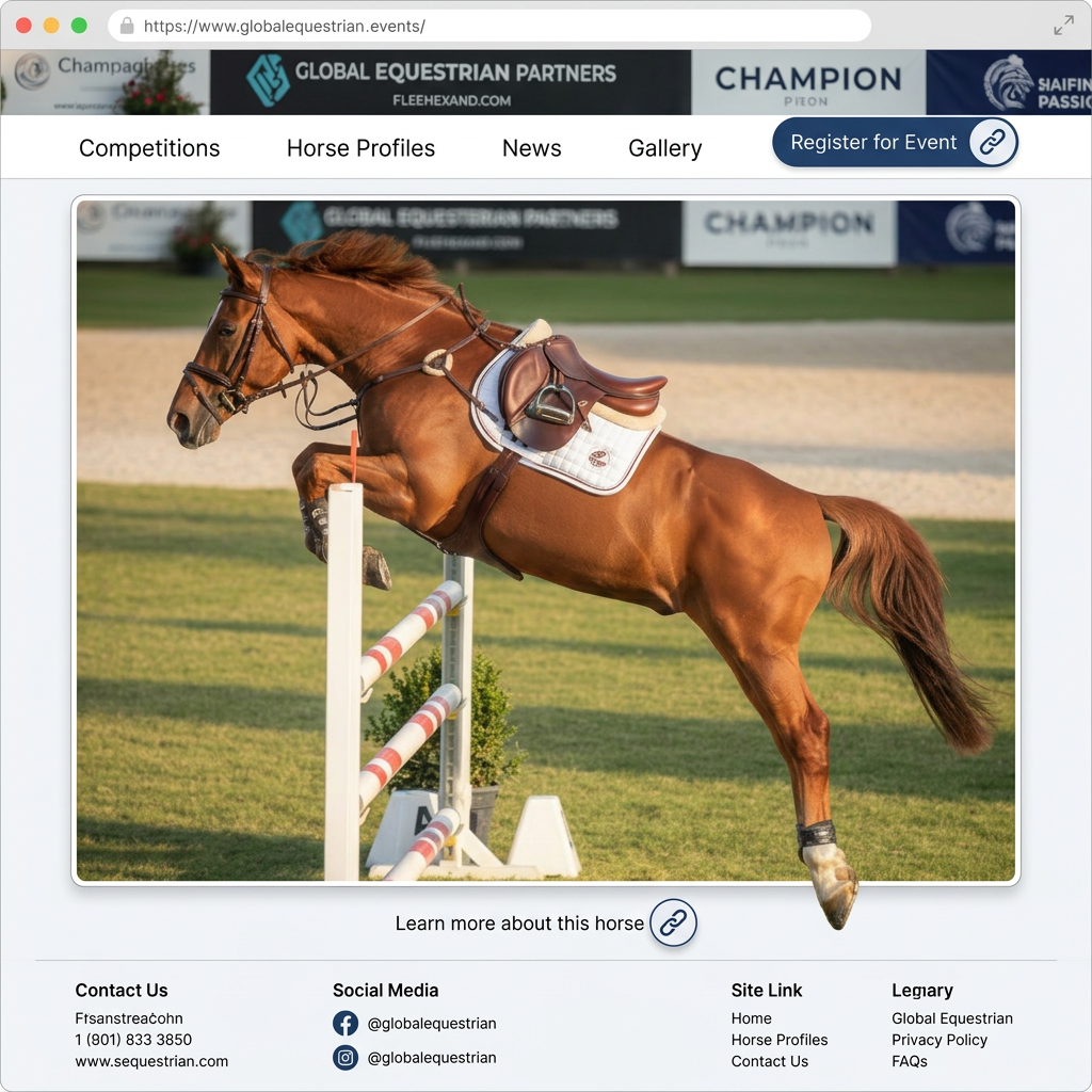 A sleek chestnut jumping horse mid-air over a bright white and red oxer, legs tightly tucked, tail streaming behind. The horse’s athletic muscles and carefully fitted leather tack appear in crisp detail, with polished metal stirrups catching the light. The background shows a modern competition arena with carefully manicured grass, distant sponsor boards softly out of focus. Golden hour sunlight illuminates the scene from the side, creating dynamic highlights and shadows that emphasize motion. Captured with a fast shutter, slightly low angle, and shallow depth of field, the photograph feels energetic and premium, ideal for a professional sport horse marketplace.